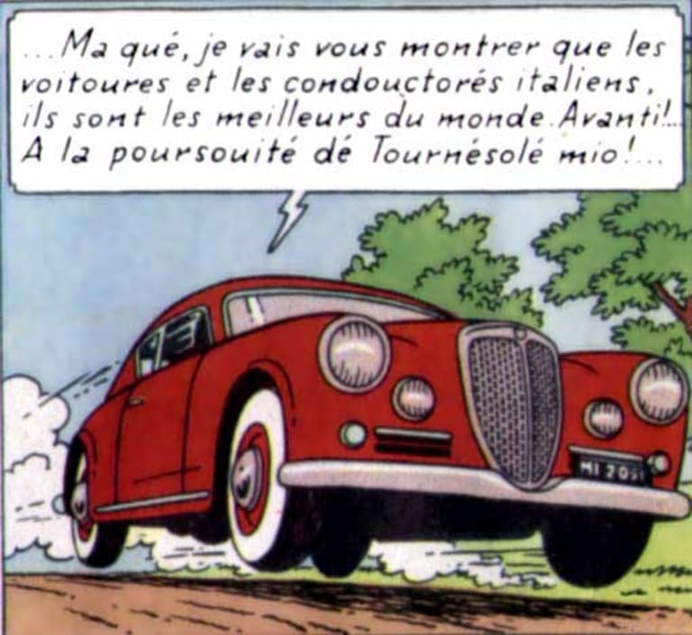 En haut, la Lancia Aurelia B20, et en bas le cabriolet Bordure de "l'affaire Tournesol"
