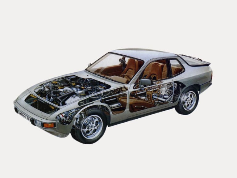Illustration technique d'une Porsche 924 S, on y voit les pièces mécanique