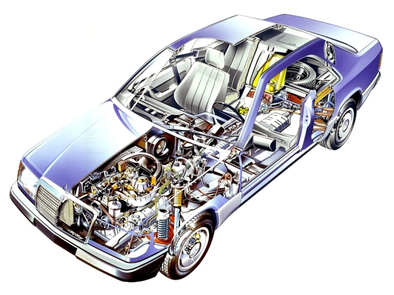 Schéma technique de la voiture montrant les pièces mécaniques