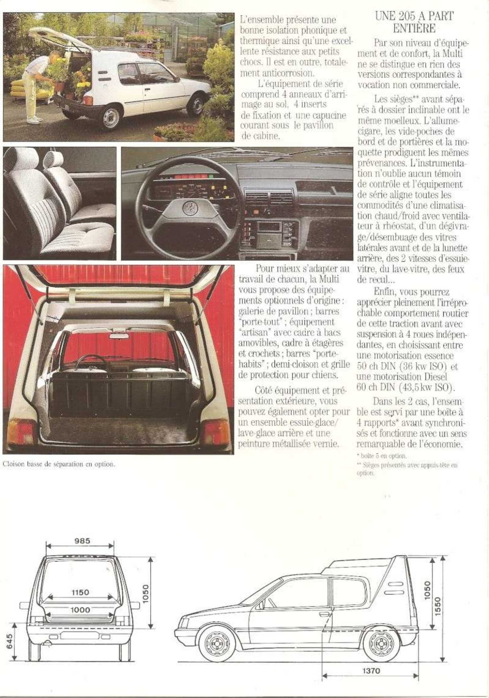 Peugeot 205 Multi et F schéma de l'auto et photos de l'intérieur